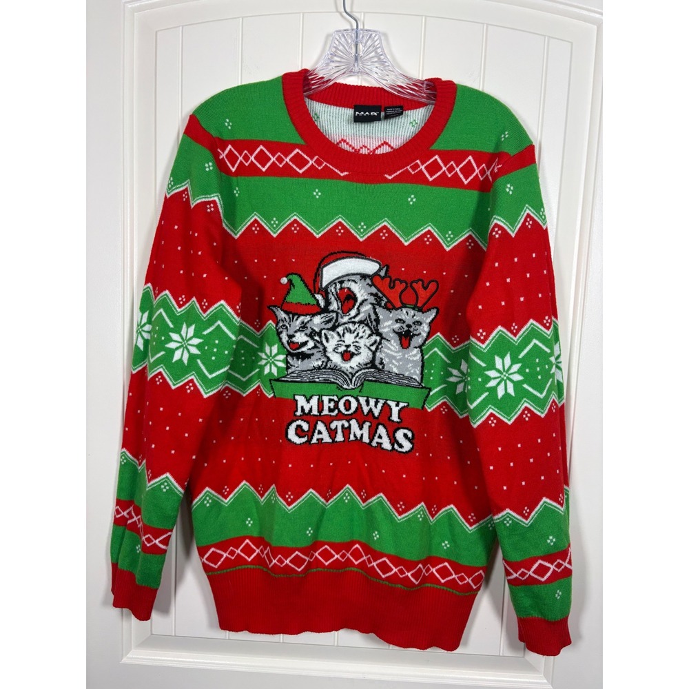 Mad Engine Meowy Catmas Ugly Christmas Sweater Red Green Cats Womens Large